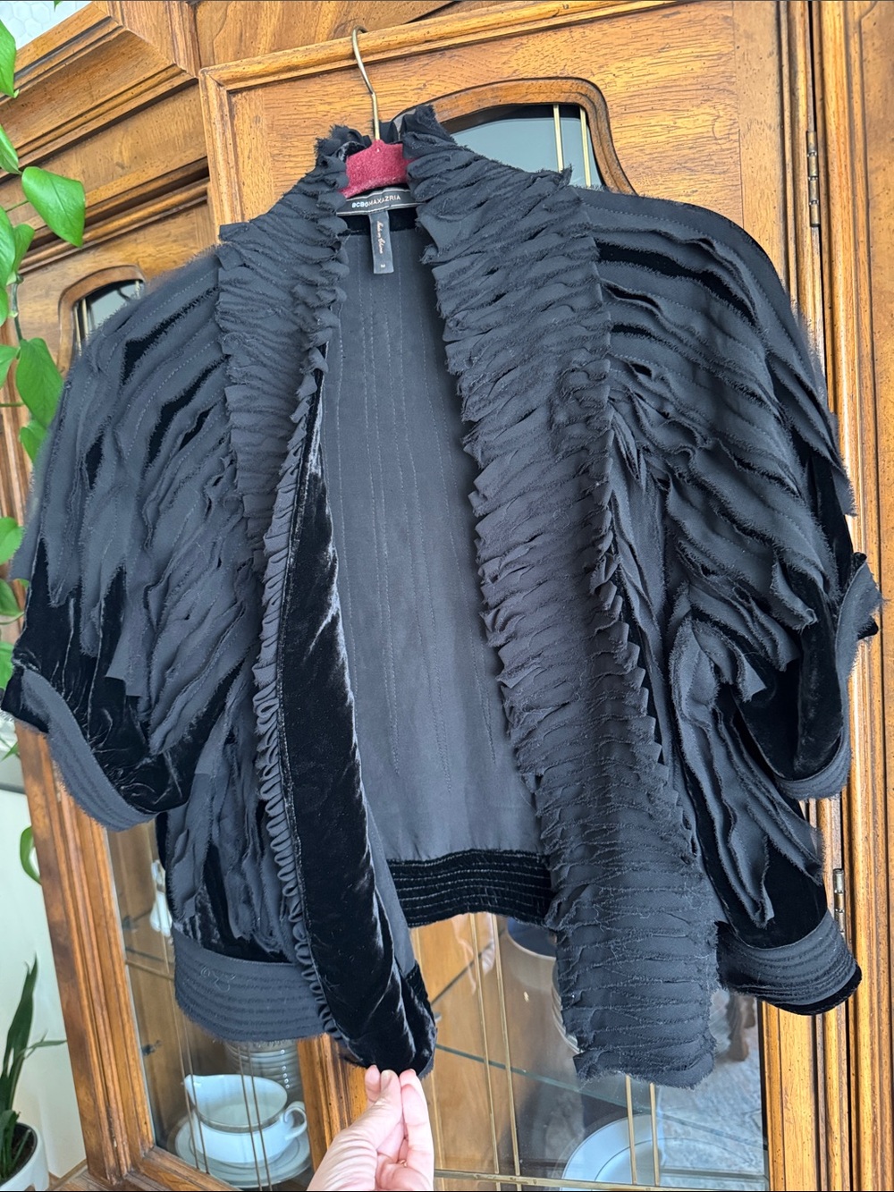 BCBGMaxAzria Black Textured Ruffle Open-Front Jacket - Picture 4 of 9